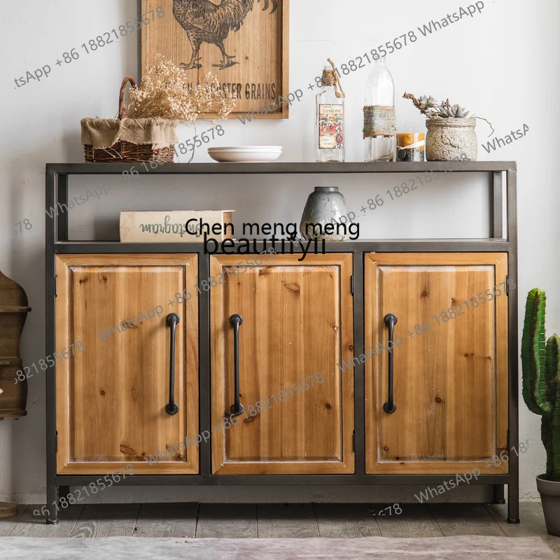 Solid Wood Vintage Industrial Style Iron Home Living Room Storage Sideboard Cabinet Entrance Door Right Entrance Cabinet