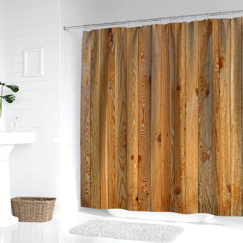 YWJHUI Water-Resistant Polyester Shower Curtain with Rustic Wood Plank Digital Print - Machine Washable, Includes Hooks, Knit We