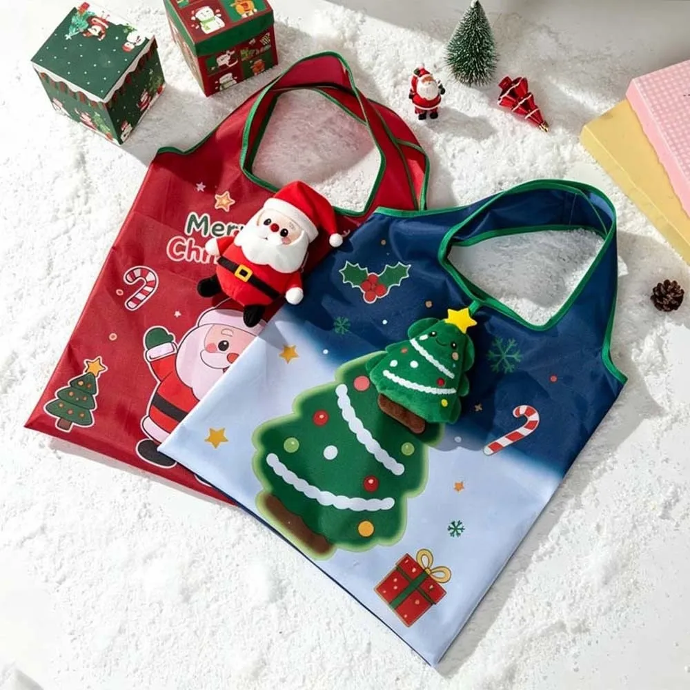 Colorful Christmas Grocery Tote Space-Saving Tear-Resistant 2-in-1 Bag Charm Pouch Case Quick-Folding Cartoon Pocket Handbag