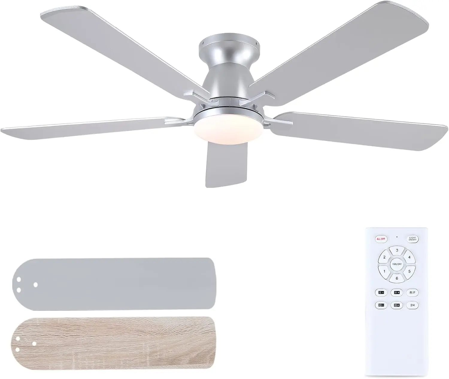 52" Ceiling Fan with Light & Remote, Flush Mount, Silver, Quiet DC Motor, Reversible Blades, Dimmable LED, for Bedroom Living Room