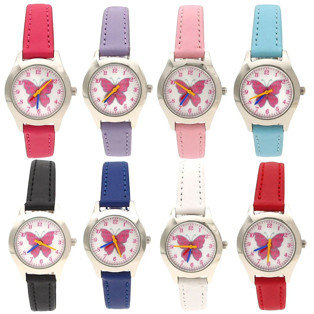 لطيف الكرتون ووتش أزياء صغيرة فراشة فتاة الكوارتز ساعات جلدية كوارتز الأطفال هدية ساعة اليد