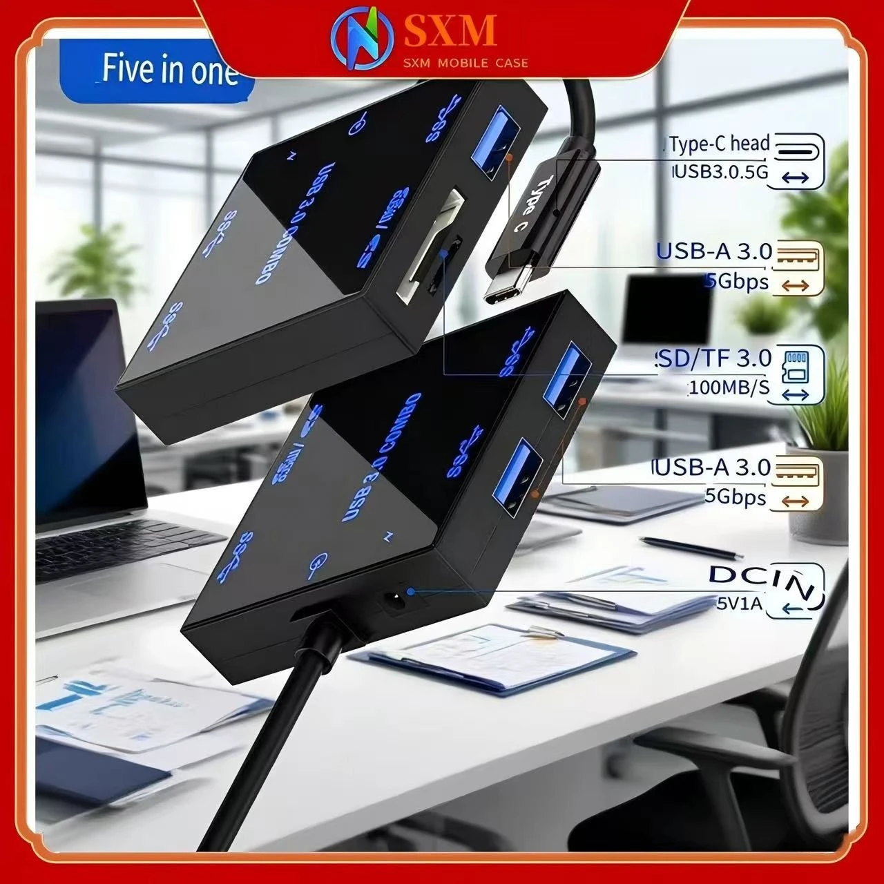 

USB3.0 5-in-1 docking station is compact and portableUSB3.0 illuminated HUB SD/TF multi-port external docking station