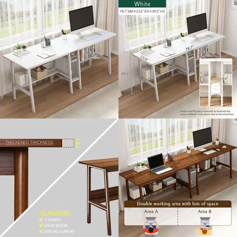

Extra Long 79-Inch Wooden 2-Person Desk with Bookshelf for Home Office, Dual Study and Computer Workstation Storage