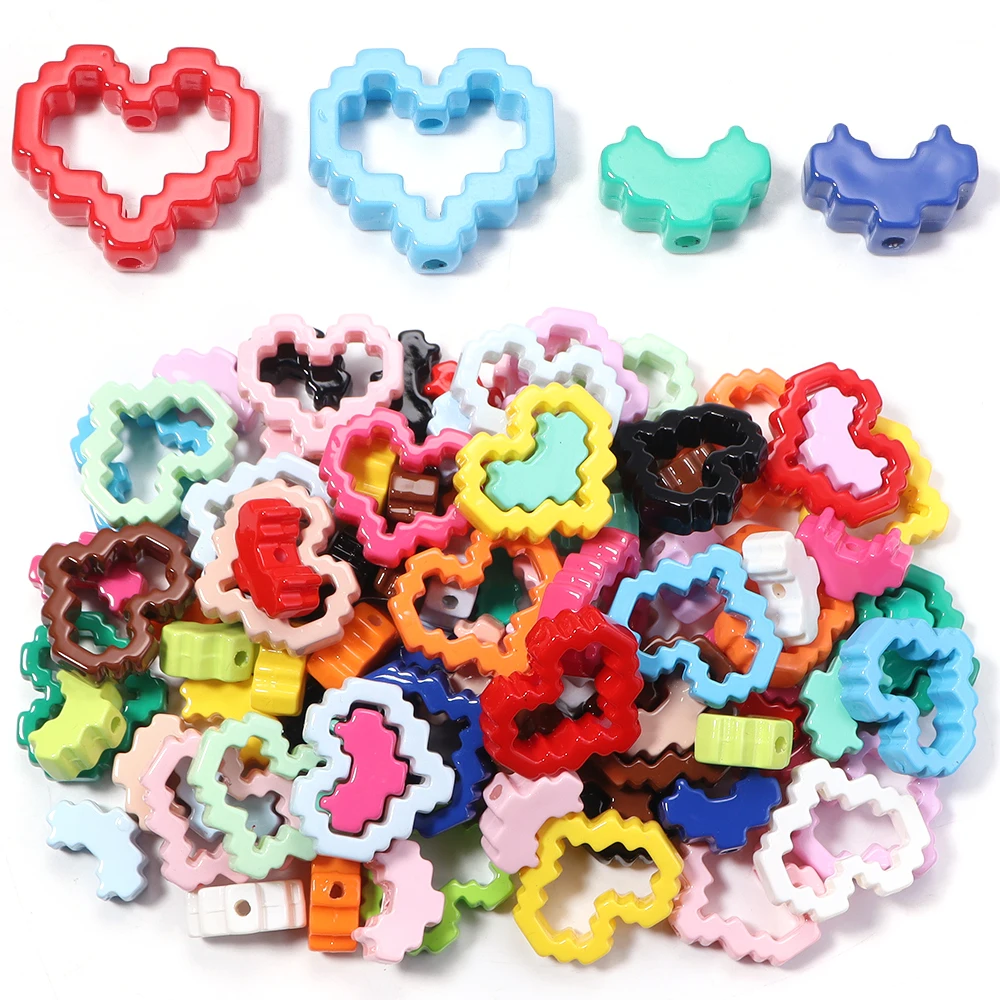 

10 шт. акриловых бусин-рамок в форме сердца с пиксельным рисунком, однотонные, для рукоделия, для цепочек для телефонов, брелоков, материалы для изготовления украшений