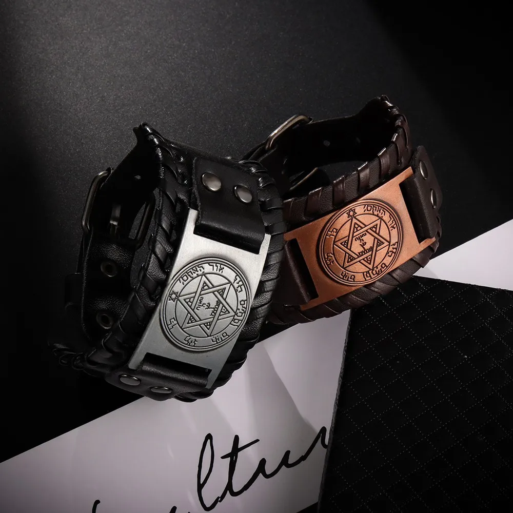Trendy Totem Design Six-pointed Star Bracelet Men\'s Bracelet New Fashion Leather Woven Viking Accessorie Party Jewelry Wholesale