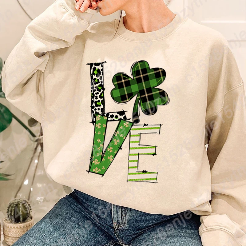 

St Patrick's Day Love Clover Hoodeless Sweatshirts Women Personality O Neck Solid Color Pullovers Casual Long Sleeve Sweatshirts