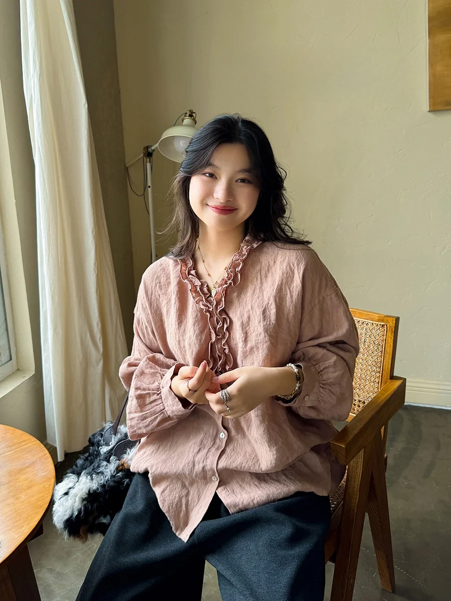 

Casual Pure Linen Women's irt Loose Fit Floral Trim Breathable Comfortable Long Sve Button up Anne Forest Collection