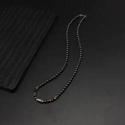 Cool Black Magnetic Hematite Round Beaded Tiger-eye Stone Necklace with Stainless Steel Beads for Men