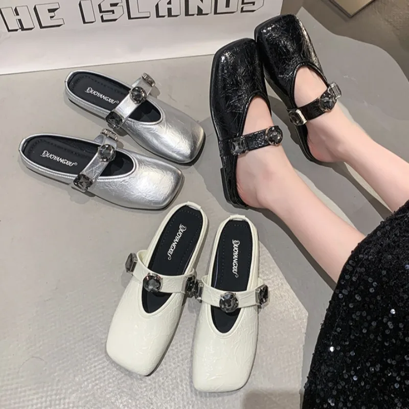 

Baotou Semi-slippers Women's Summer New Flat crystal Square Toe Pumps Women's Sequined Mary Jane Women's Shoes