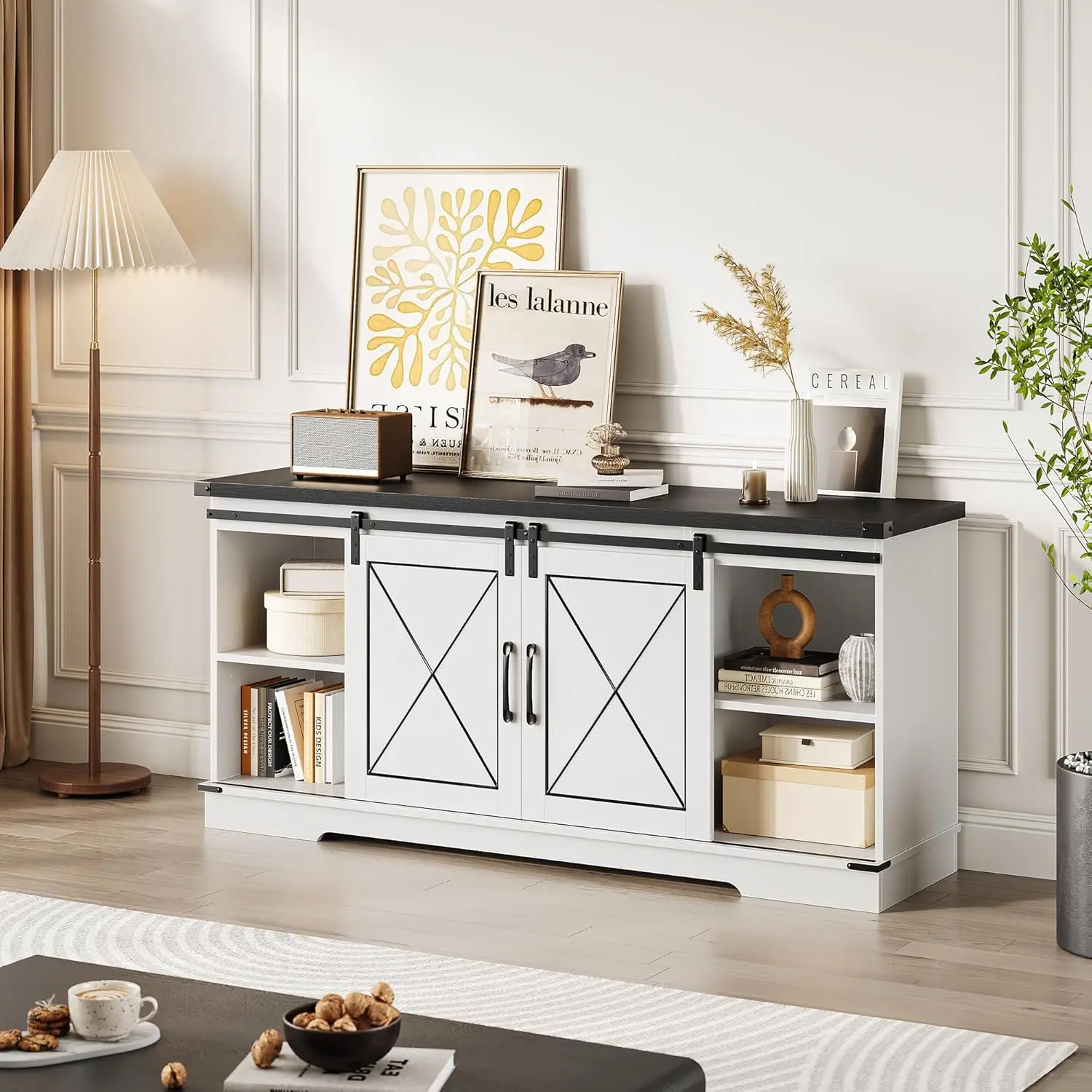 

Тумба под телевизор в стиле фермерского дома для телевизоров до 65 дюймов, развлекательный центр с раздвижными дверцами и регулируемыми полками, в стиле середины века