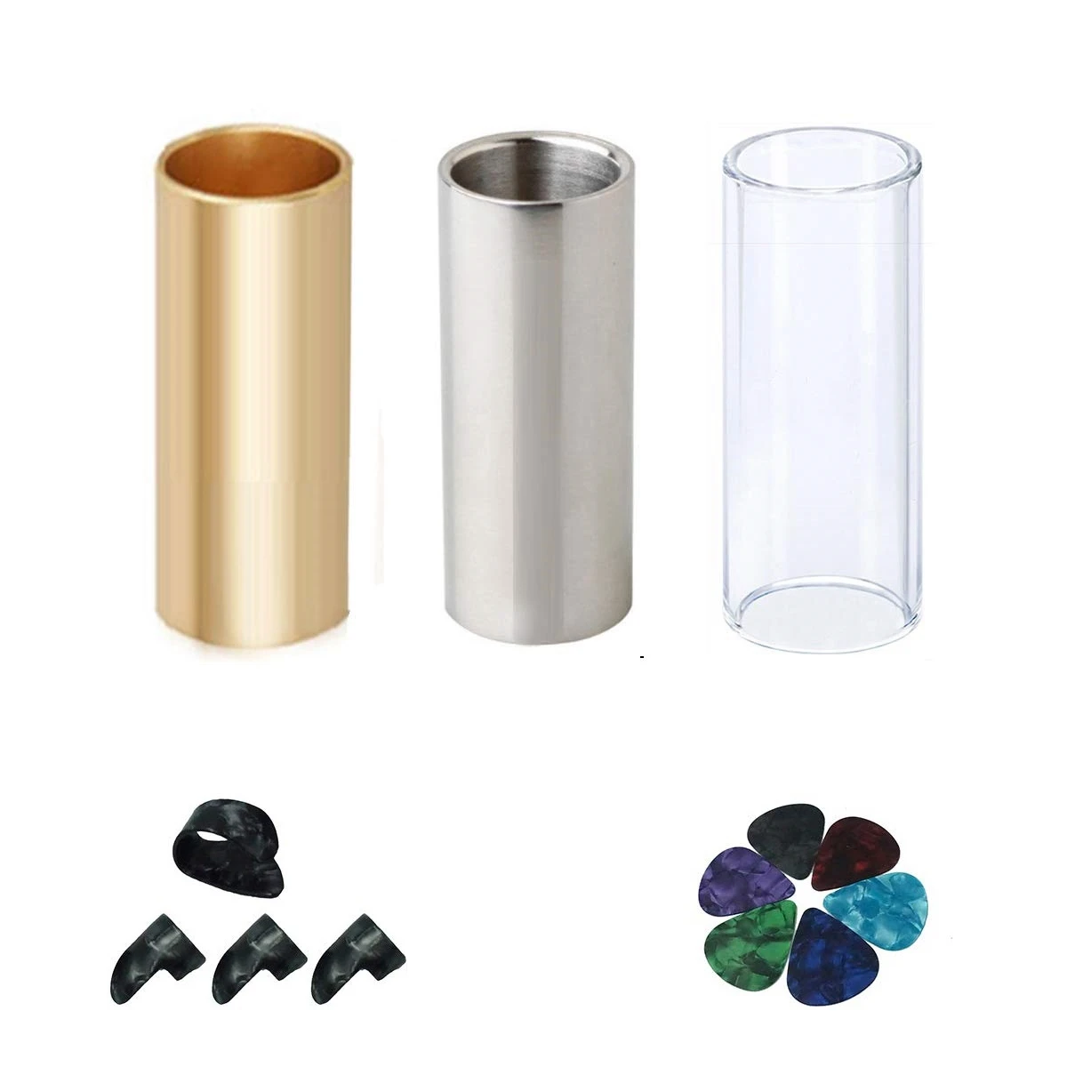 Guitar Slide Set Of 1 Glass Slide, 1 Steel Slide and 1 Brass Guitar Slide, 6 Pcs Guitar Picks and 4 Finger Picks