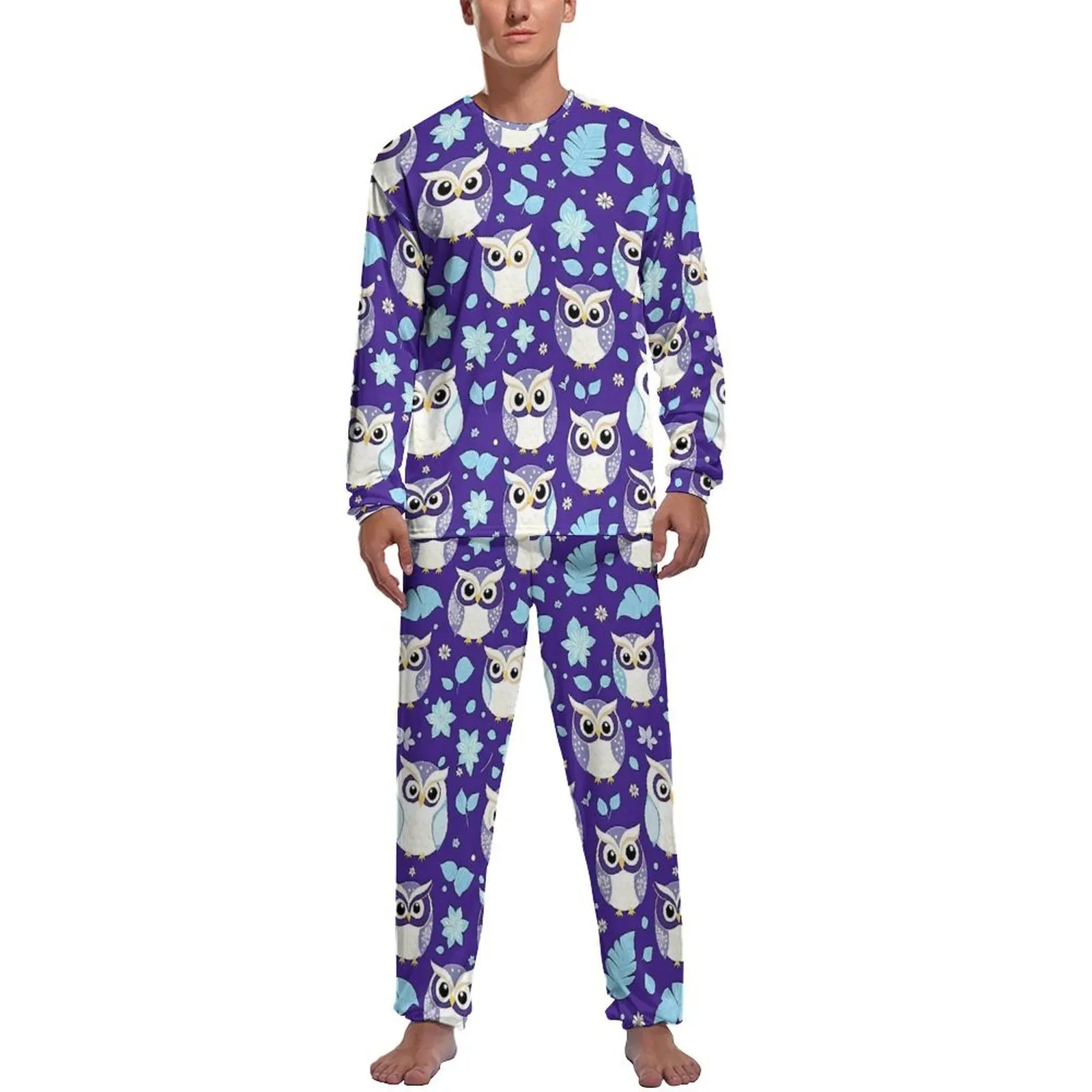 Cute Colorful Bold Owl Pajamas  Man Long Sleeve Trendy Pajamas Set 2 Piece Aesthetic Daily Custom Nightwear Gift