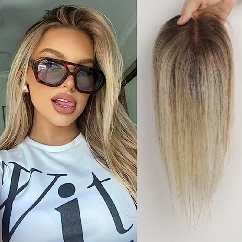 Extensiones de Cabello Humano 100% Remy, Rubias con Raíces Oscuras, Base de Seda, para Mujeres, Volumen Natural, con Clip, para Cabello Fino