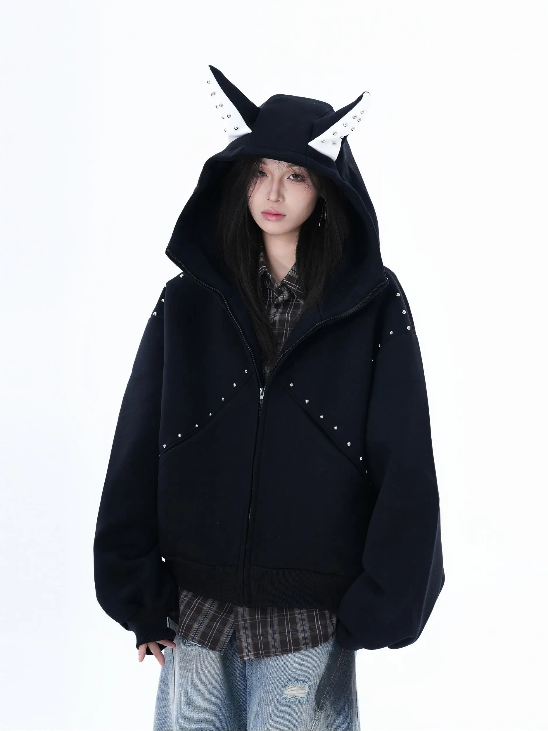 

Y2k толстовка с заклепками и молнией, женская свободная повседневная винтажная спортивная верхняя одежда, топ, осенне-зимние пальто для пар