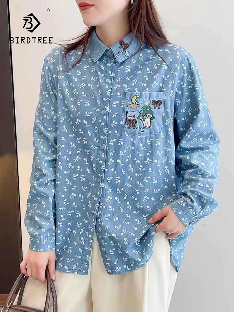 

New 2025 Autumn Long Sleeve Denim Shirt, Women Turn-down Collar Cat Embroidery, Mori Girl Print Versatile Loose Blouse T59254CC