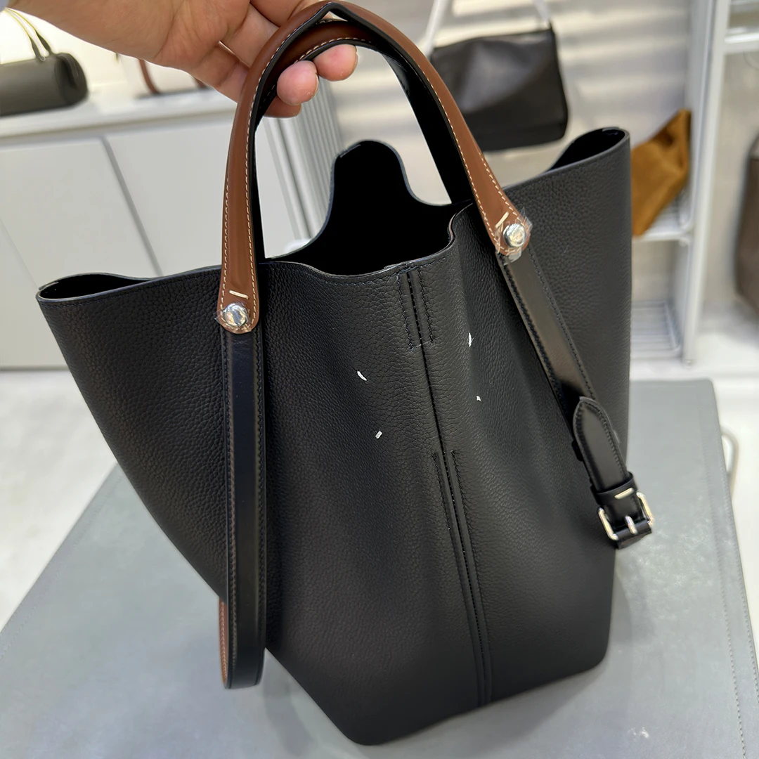 

Leather Bucket Bag Handbag, Women's Shoulder Bag Top Layer Cowhide New Style Bag Versatile Tote Bag Contrast Color