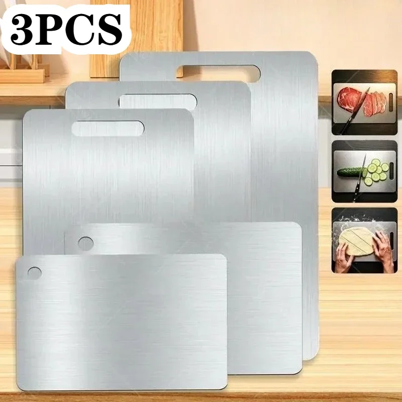 3PCS Stainless Steel Chopping Board - Thickened 2-Side NonSlip for Meat/Fruit/Dough, Dishwasher Safe Kitchen Cutting Board