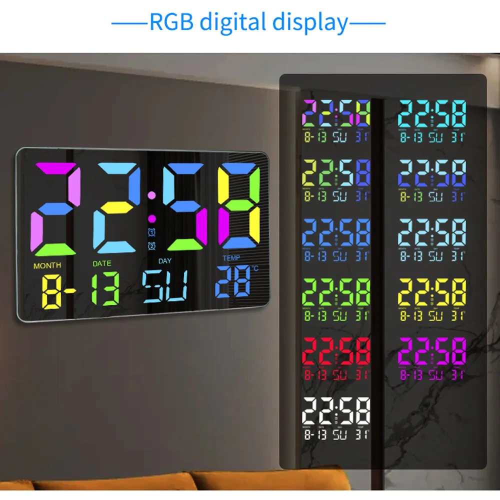 TS-5310 Digital RGB Wall Alarm Clock Large Screen Mirror Clock 5 Gear Brightness Adjustable with Date/Week/Temperature Display