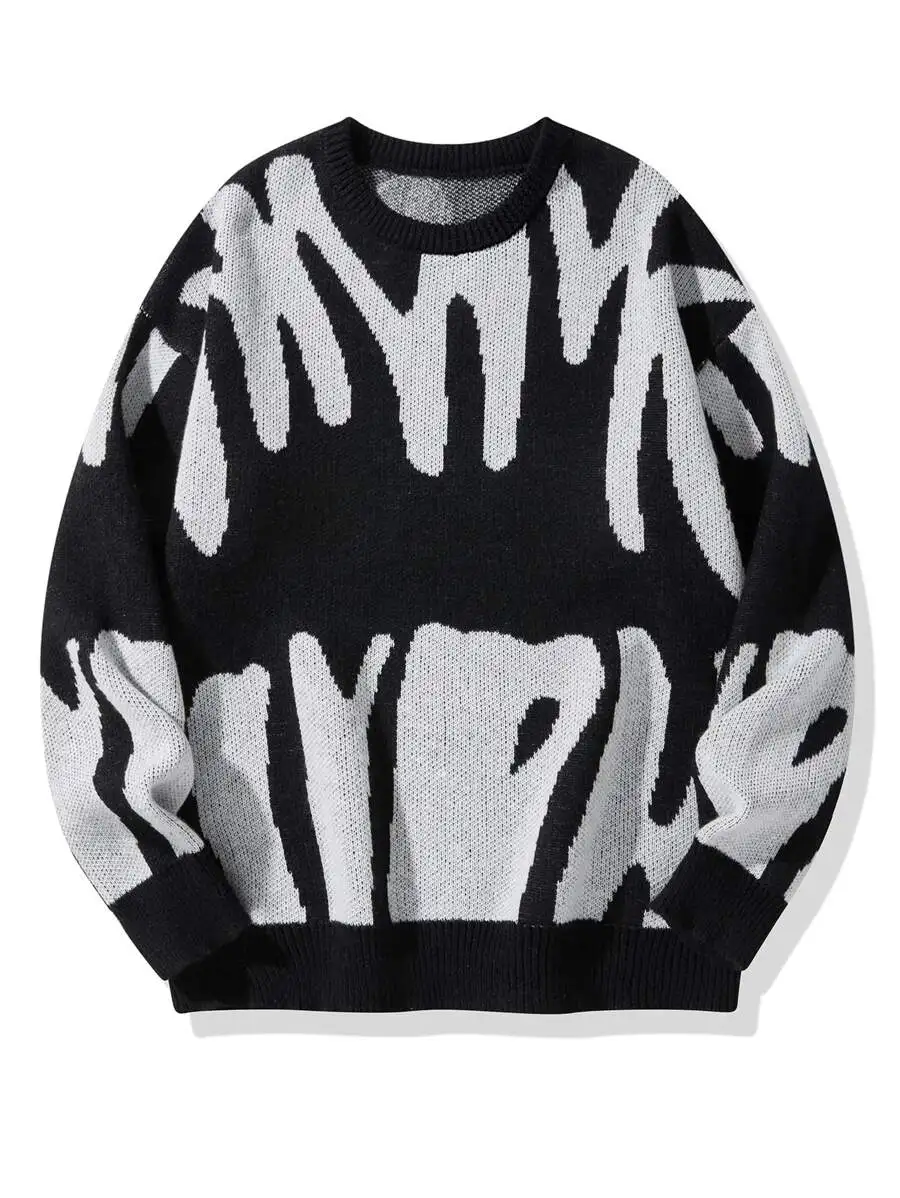 Men's Oversized Graphic Knit Pullover Sweater - Black & Gray Abstract Pattern