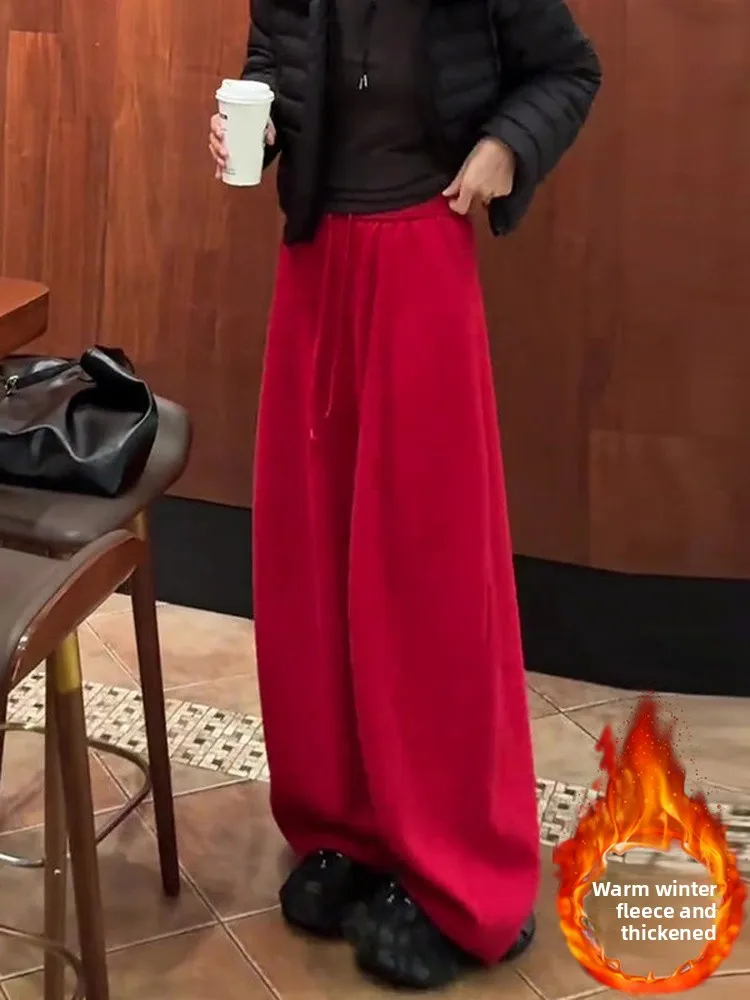 

Красные женские широкие брюки на флисовой подкладке, повседневные, свободные, с завязками, стройнящие, струящиеся, универсальные, осенне-зимние, новинка