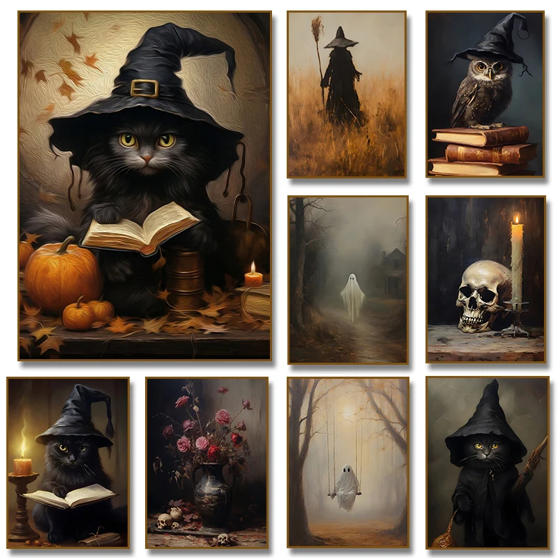 

Halloween Owl Black Cat Read A Book Ghost Poster Diamond Painting Print Wall Art Picture for Living Room Home Decoration Cuadr