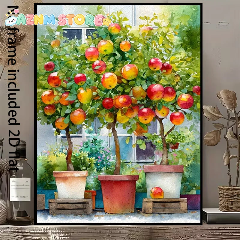 2D Flat 2027  Vertical Watercolor Apple Tree Canvas Painting - Frameless Suitable for Home Decor, Vibrant Spring Summer Fruit