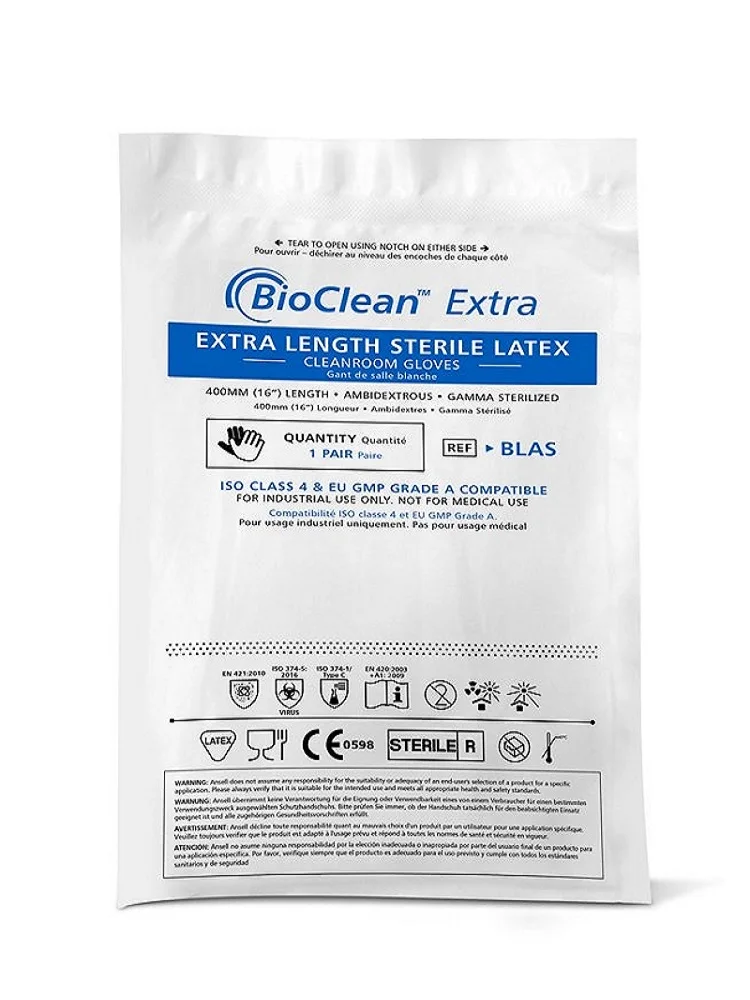 Ansell Bioclean Extra Blas (1 par) Luva descartável de látex para sala limpa ISO Classe 4 e UE GMP Grau A/B Comprimento 400 mm ou 16 polegadas