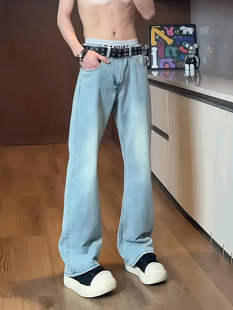 

Ледяные синие джинсы с изогнутыми лезвиями, мужские весенне-летние тонкие американские джинсы High Street Vibe для похудения, мягкие пряные брюки-колокольчики, прямые...