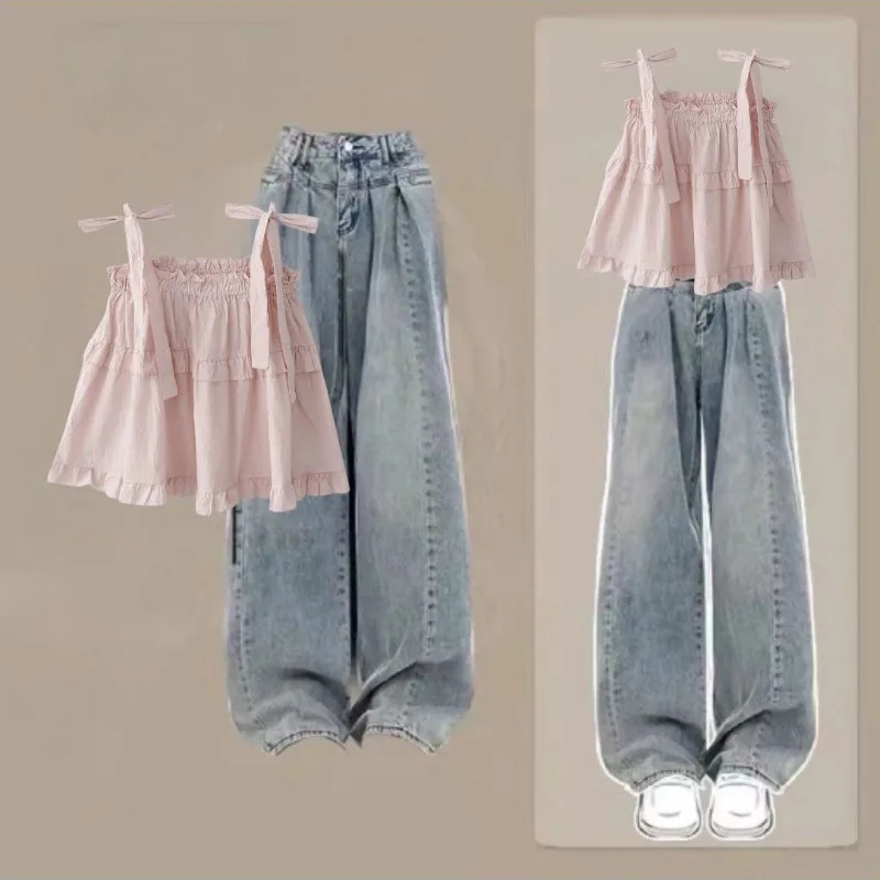 

Women Summer Preppy Style Sleeveless Shirts High Waist Denim Pants 2 Piece Suit 2025 New Lady Sweet Bowknot Tank Tops Jeans Sets