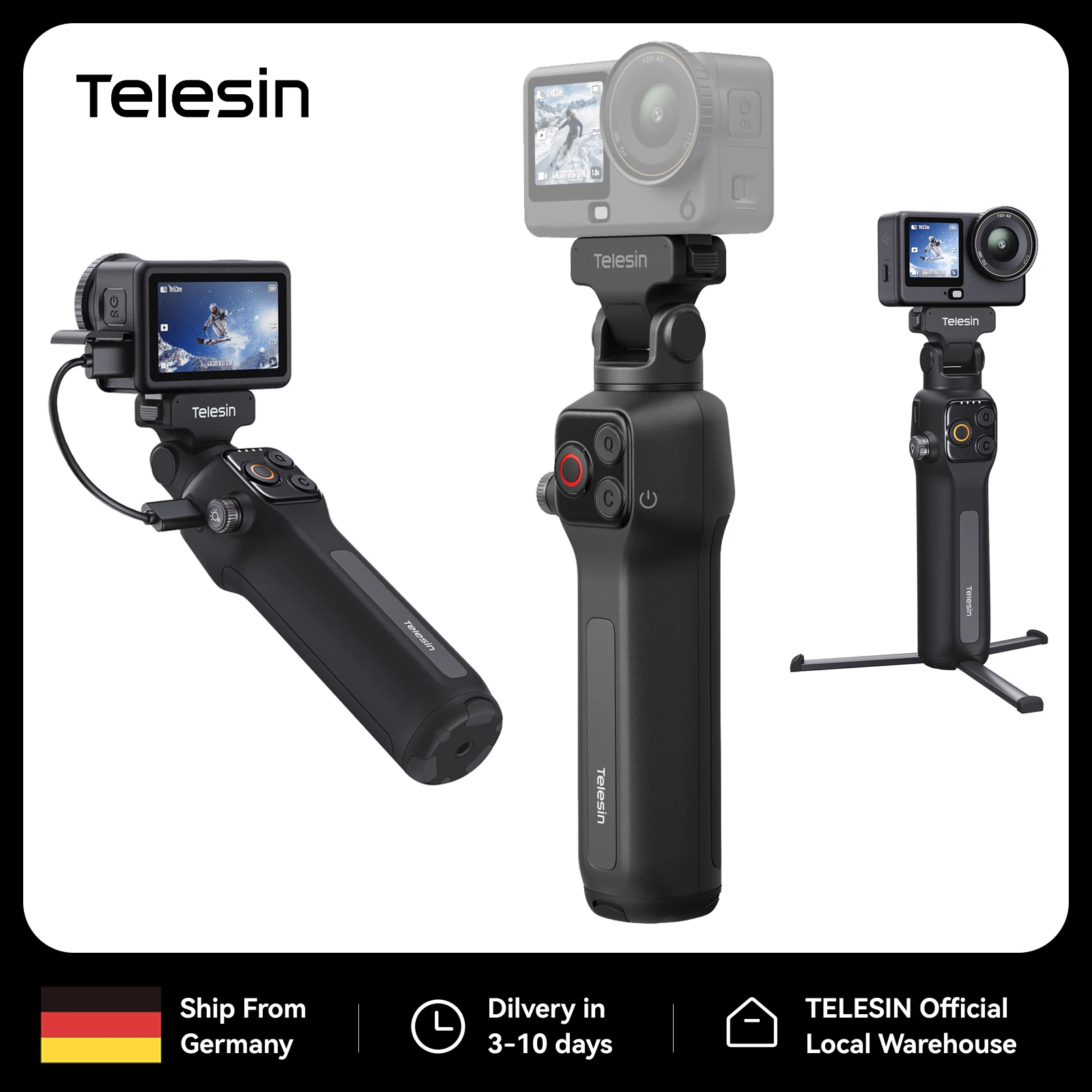 TELESIN 5000mAh 20W oplaadbare afstandsbediening met handgreep voor DJI Osmo Action 4 5 Pro 6 Osmo 360, inclusief batterij, handvat, selfie-stick, statief en extra verlichting.