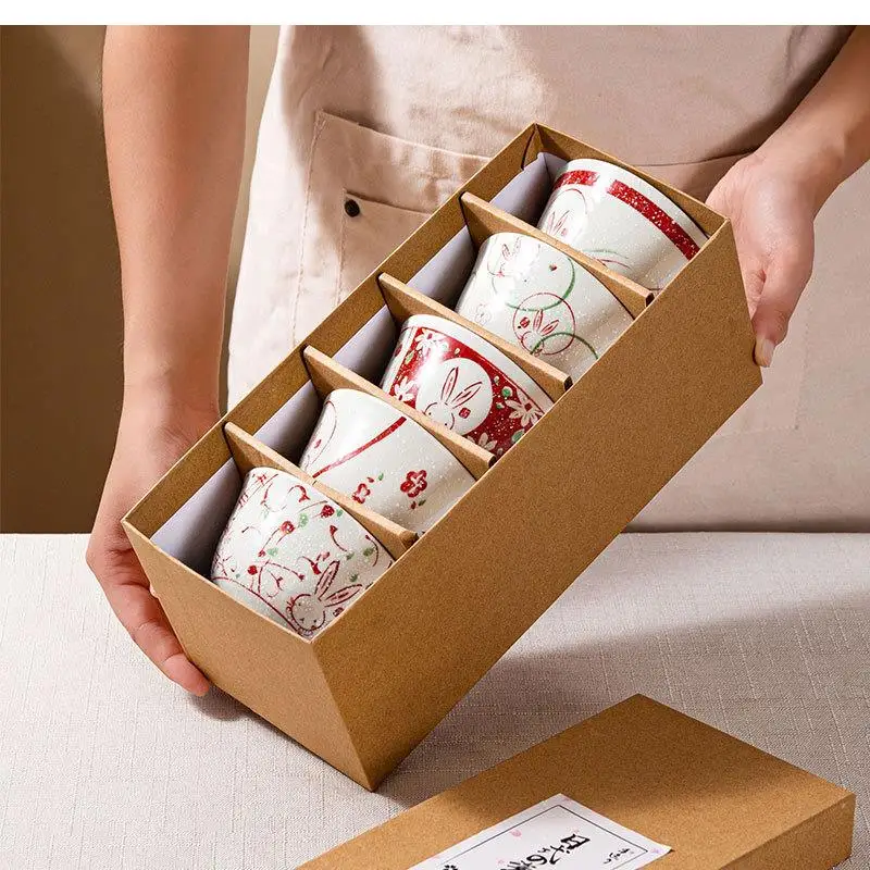 

Geometric 4.5 Inch Rice Bowl 5 Ceramic Tableware Cute Rabbit Pattern Porcelain Household Dessert Gift Box Set