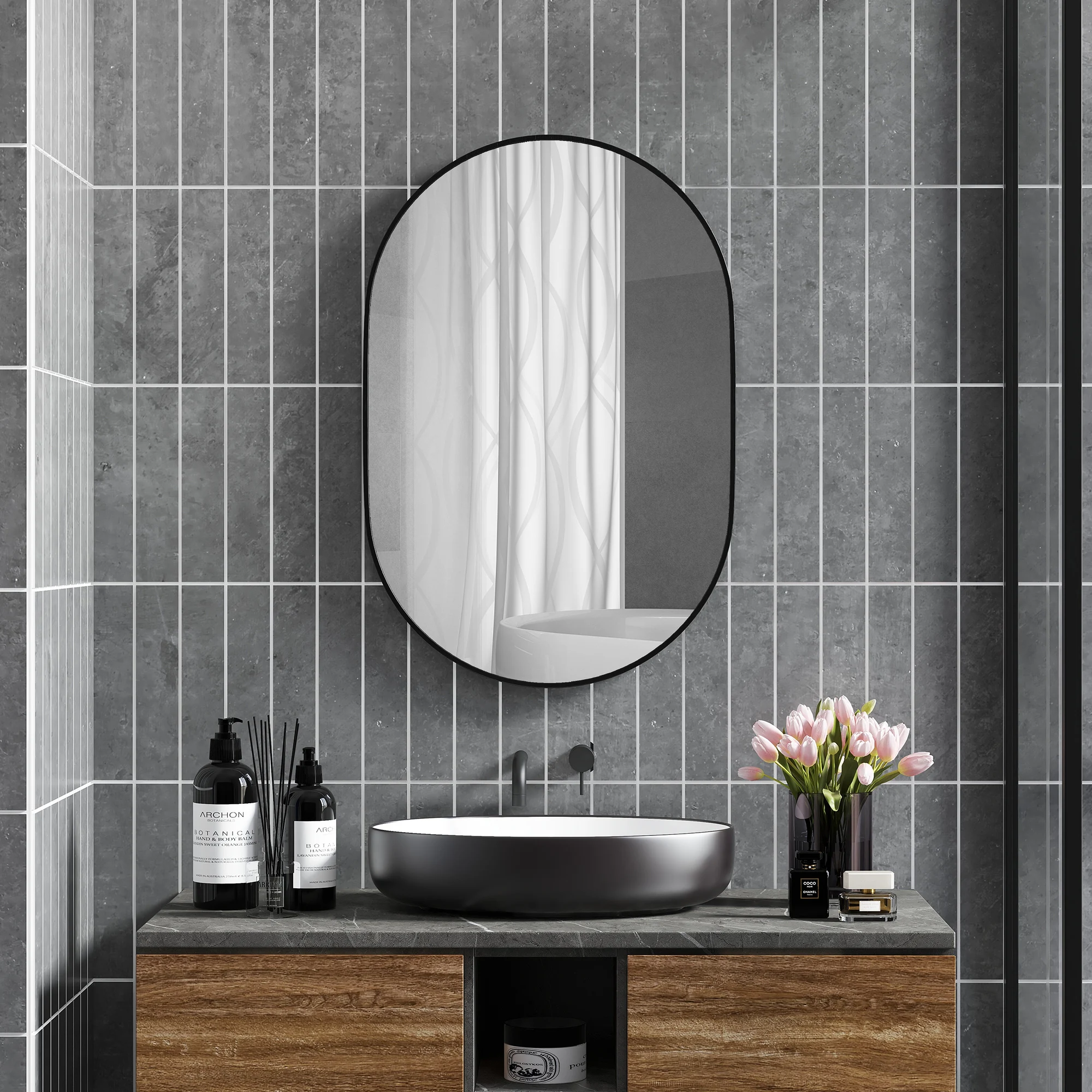 HOMCOM 60x90 cm oval bathroom mirror with black living room aluminum frame