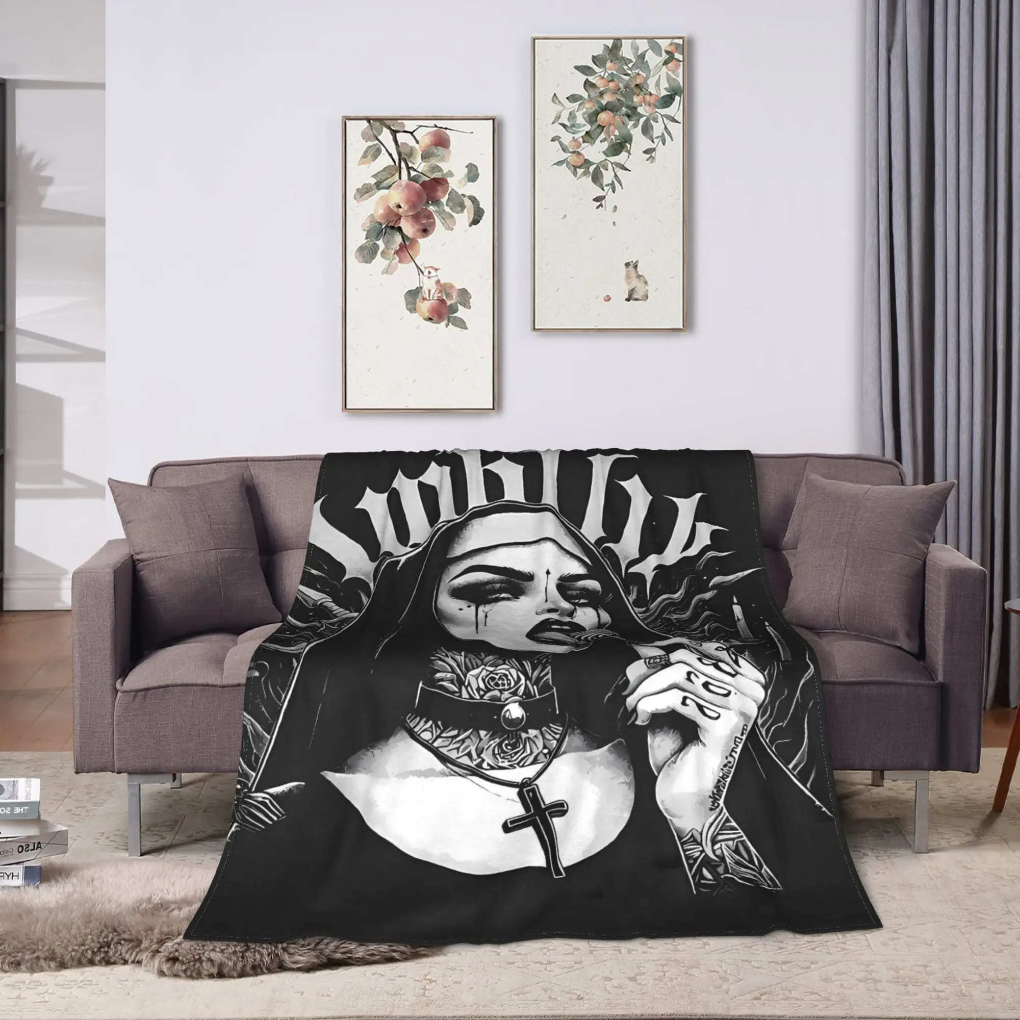 Satanic Bad Evil Nun Tattoo Blanket  Super Soft Funny Plush Throw Blanket For Living Room Picnic Flannel Bedspread Bed Cover