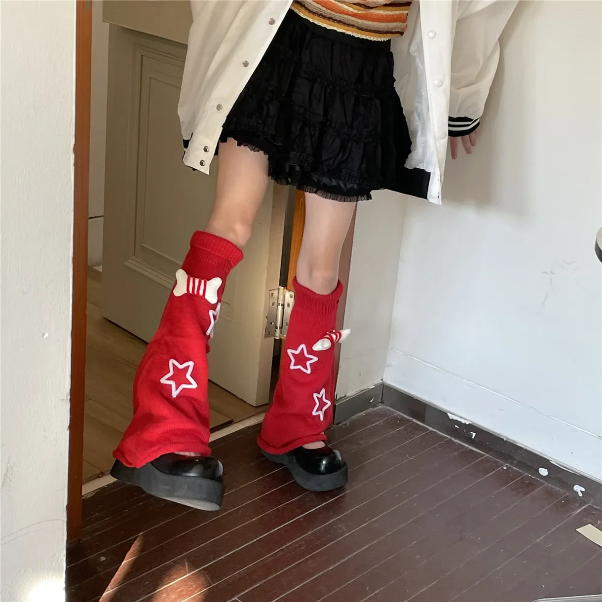 Jk Lolita Cute Bone Pentagram Leg Warmers Christmas Gifts Women Punk Harajuku Five-pointed Star Long Cable Knee High Sock Flared