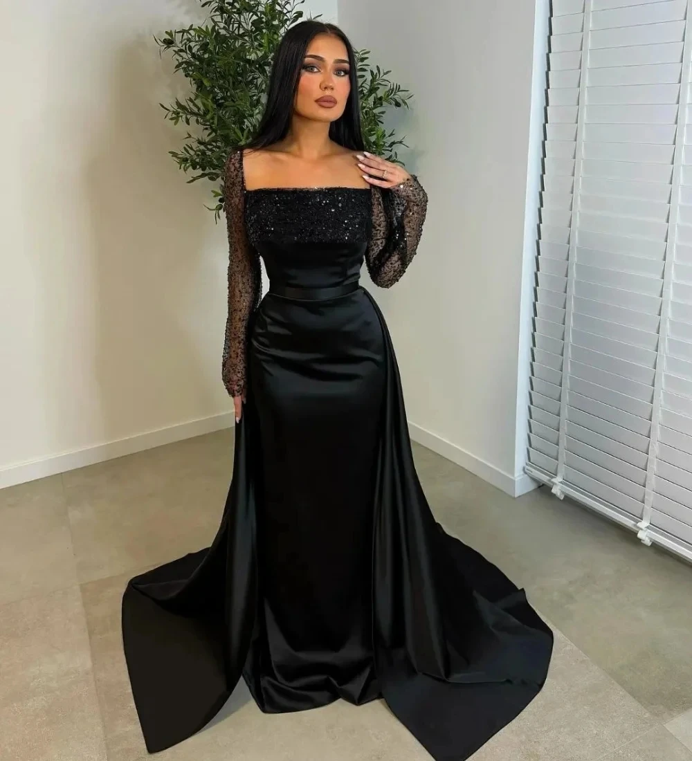 

Черные блестки с длинными рукавами на заказ Вечерние платья Pastrol Унисекс Джерси Ретро Дубай Саудовская Аравия Пром Индивидуальные