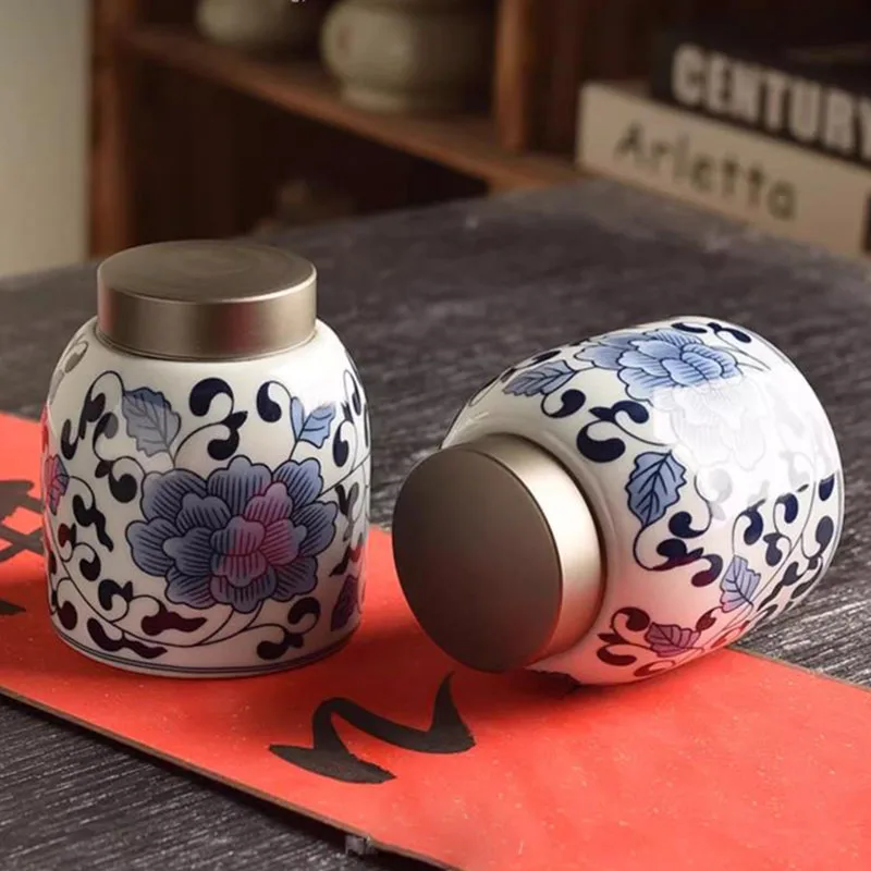 

European Ceramic Blue and White Jar Sealed Candy Jar Home Square Ceramic Nut Coffee Bean Medicinal Herb Storage Bottle Portable