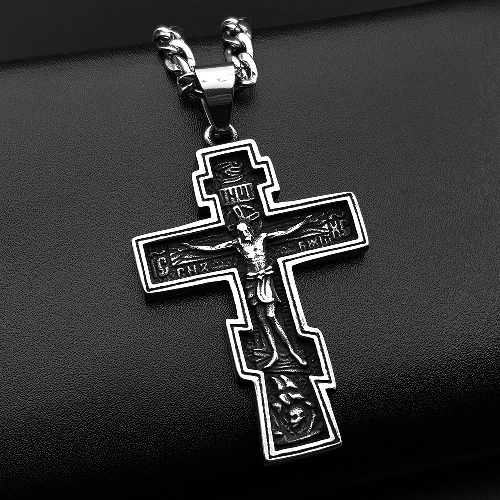 Retro Orthodox Jesus Crucifix Cross Pendant Necklace for Women Men Silver Color 316L Stainless Steel Hip Hop Chain Jewelry Gift