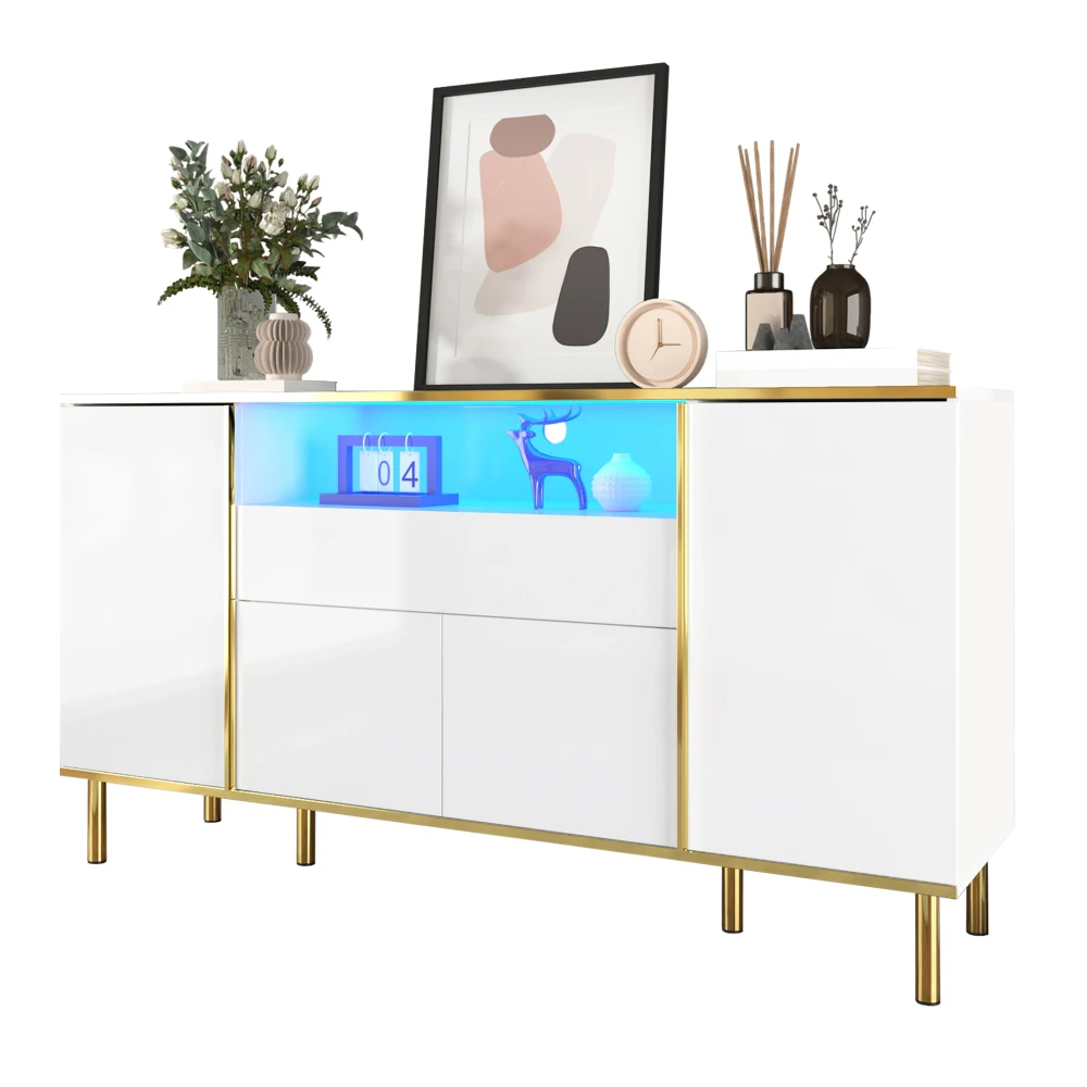 Commode moderne blanche brillante avec un seul tiroir, meuble de rangement pour la chambre et le salon, dimensions 150×40×80 cm
