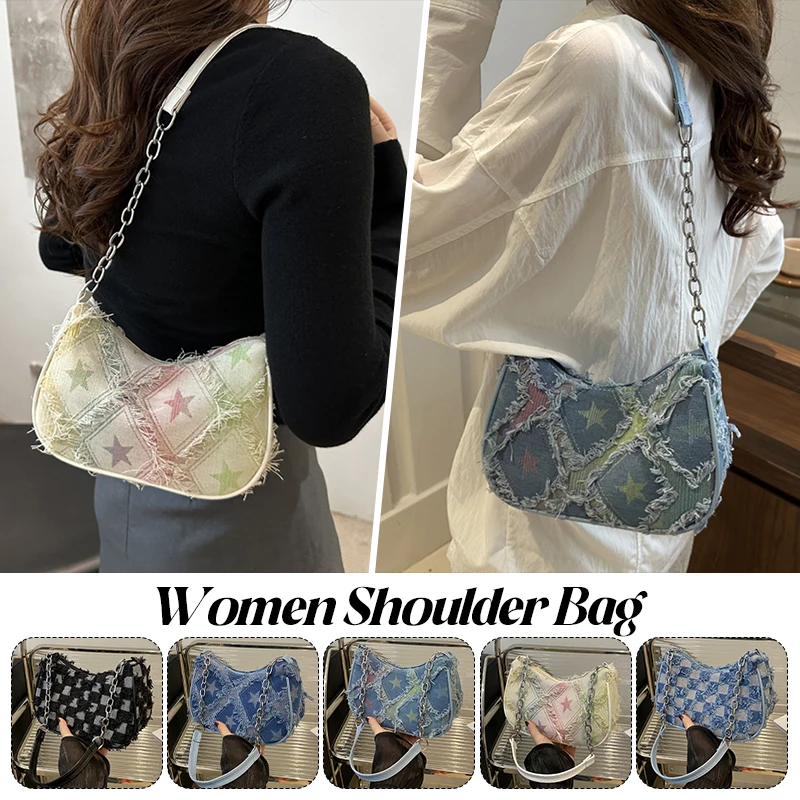

Women's Distressed Denim Tote Bag with Gold Star Embroidery - Convertible Shoulder Bag for Women Boho Chic Vintage Purse