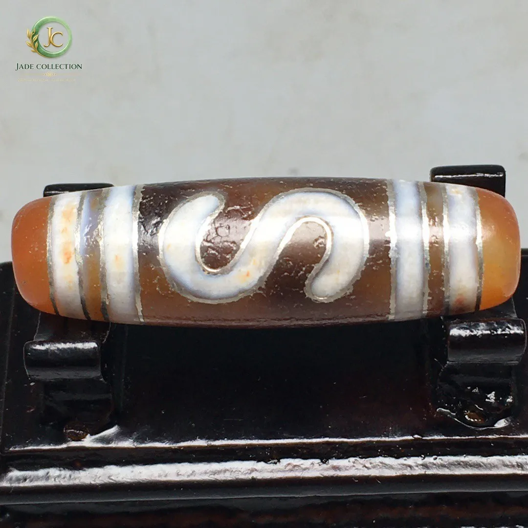 Tibetan Old Agate Dzi Inlaid Silver Wire Money Hooks Bead Pendant S0414