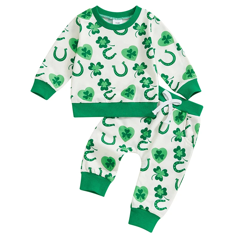 Baby Pants Set Shamrock Print Long Sleeve Crew Neck Sweatshirt with Sweatpants Holiday Outfit for Girls Boys