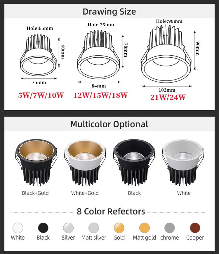 Nowe lampka reflektorowa COB antyodblaskowe 12W 15W 18W 21W oprawa wpuszczana ściemniania 7W 10W 38 ° aluminiowe oświetlenie domu sklep biurowy