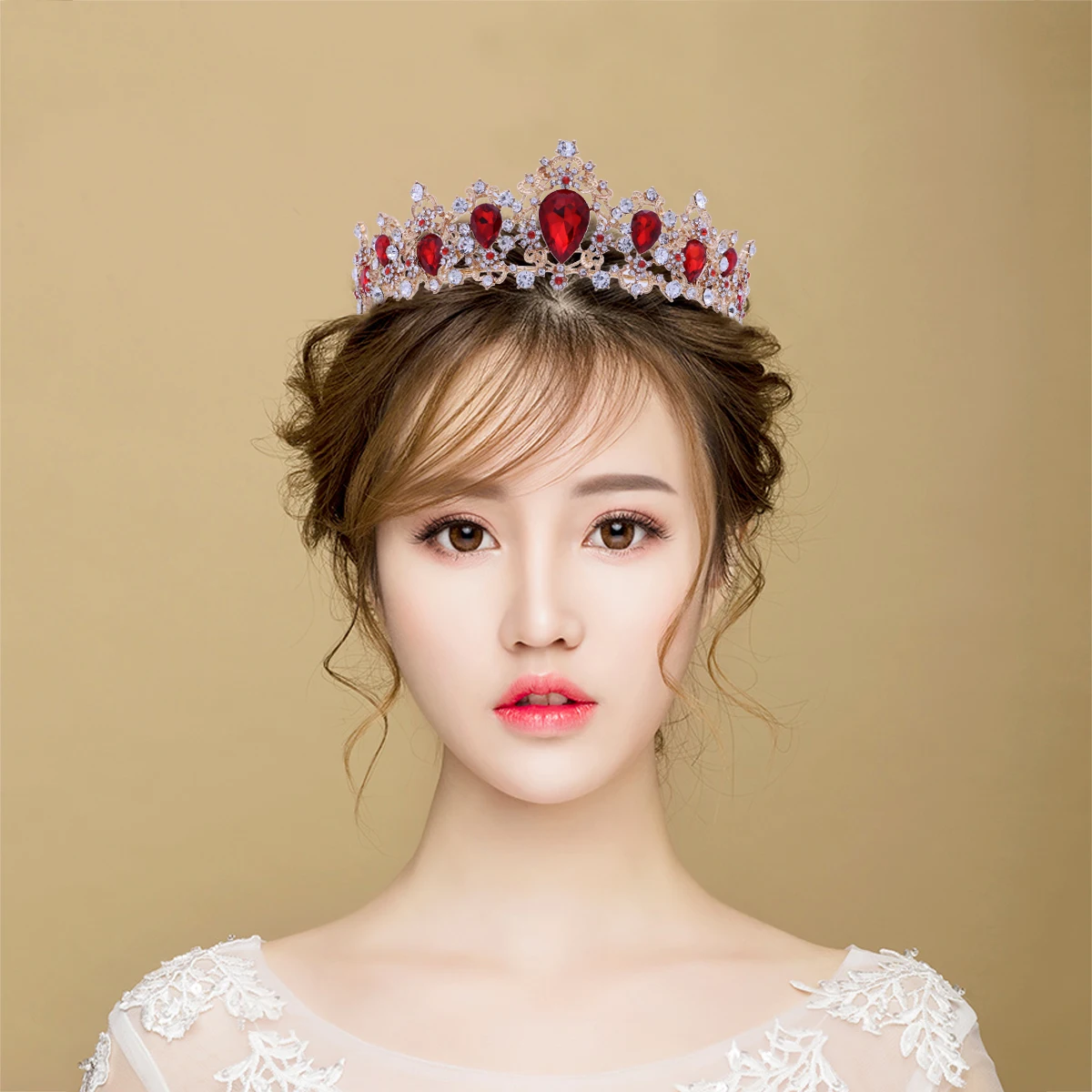 

Princess Crown Bride Headpiece Hair Accessories Wedding Bridal Tiara Jewelry Red Rhinestones