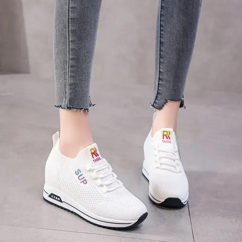 Hot Sale Women Shoes 2023 Summer Hidden Heel Wedges White Pink Sneakers Female Platform Breathable Mesh Black Heels Casual Shoe