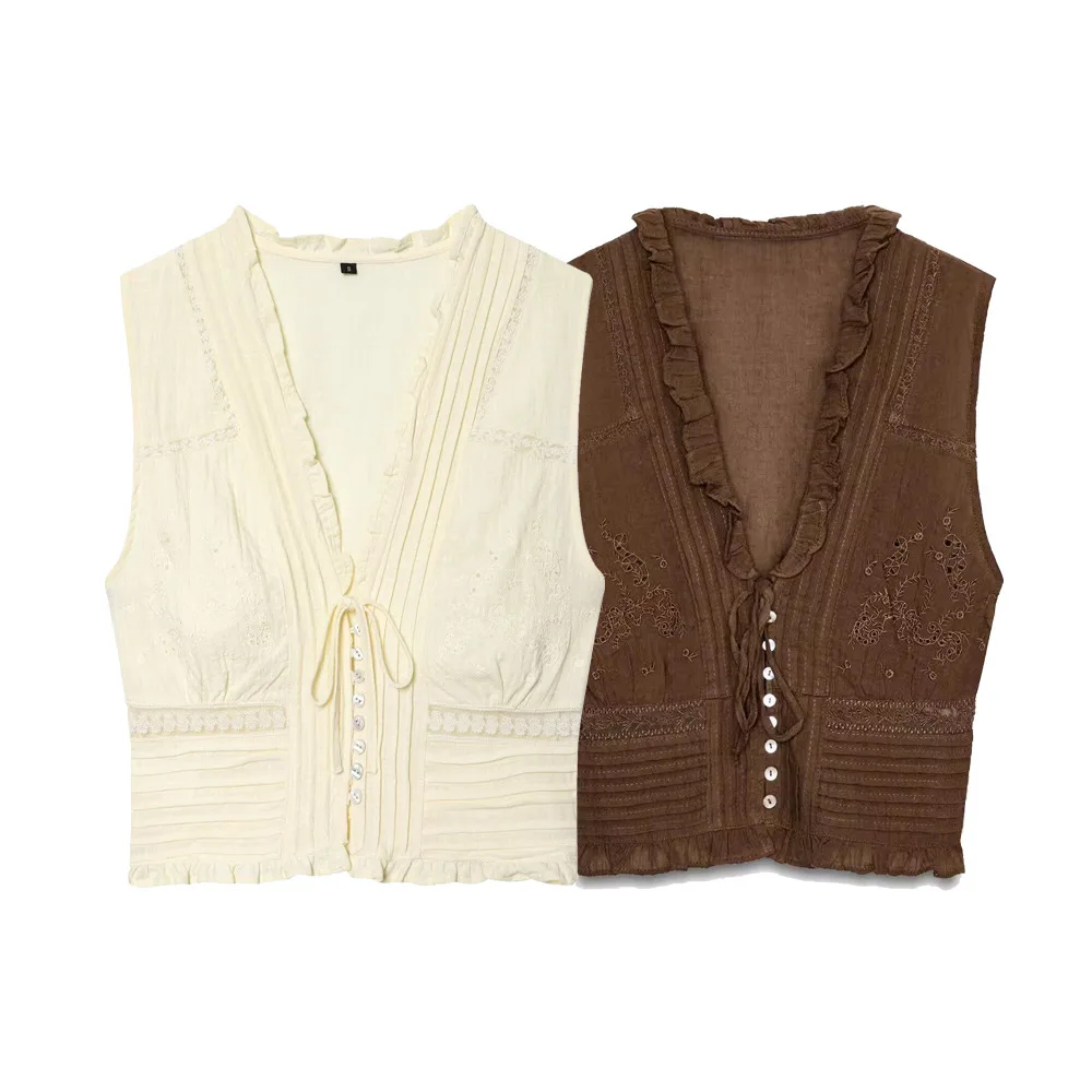 Drunk Sugar Elegant Tiered Layer Mesh Embroidery Sleeveless Top Self-tie Bow Detail V-neck Sheer Blouse for Daily Party Outfit