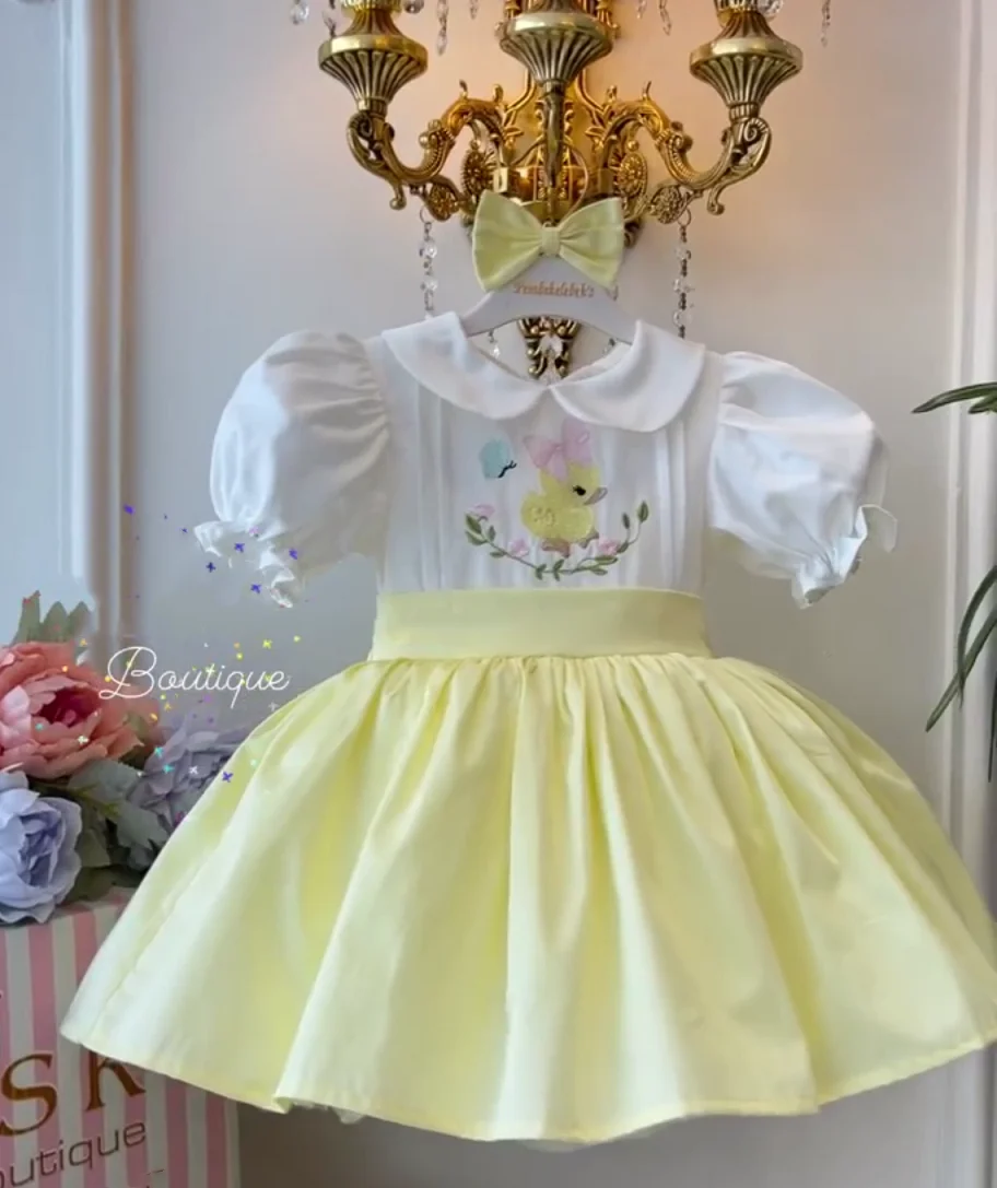 0-12Y Baby Girl Summer Yellow Duck Embroidery Turkish Vintage Lolita Princess Ball Gown Dress for Birthday Holiday Casual Eid