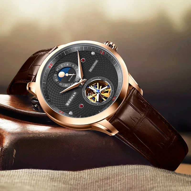 New Luxury Brand BORMAN Automatic Mechanical Men's Watches Sapphire Multi-function Skeleton Waterproof Moon Phase Clocks BM3870