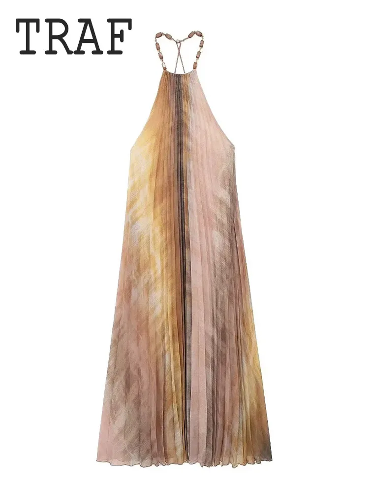 TRAF Tie Dyed Pleated Midi Dresses For Women 2024 New Fashion Beaded Hanging Collar Dress Woman Casual Sexy Party Dresses