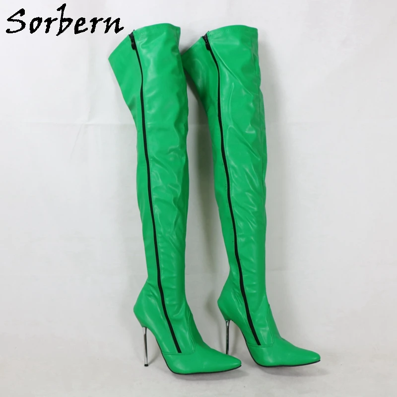 حذاء طويل Sorbern-Green غير لامع ، سحاب مزدوج الجانب ، كعب عالي ، كروسدرسر ، صنم فوق الركبة الحذاء ، مخصص واسع أو نحيف الساق