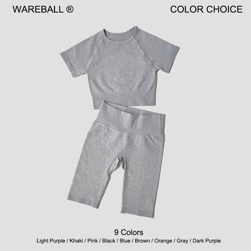 WAREBALL Seamless Yoga Set Women 2pcs Crop Top T-shirt High Waist Shorts Gym Clothes Sport Suit Workout Outfit Sport Wear